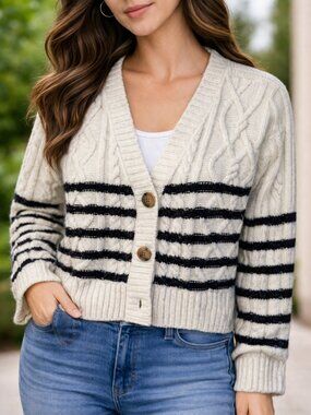 Lucky Brand Womens Small Striped Knit Sweater Cream Black Ribbed Long Sleeve Pul